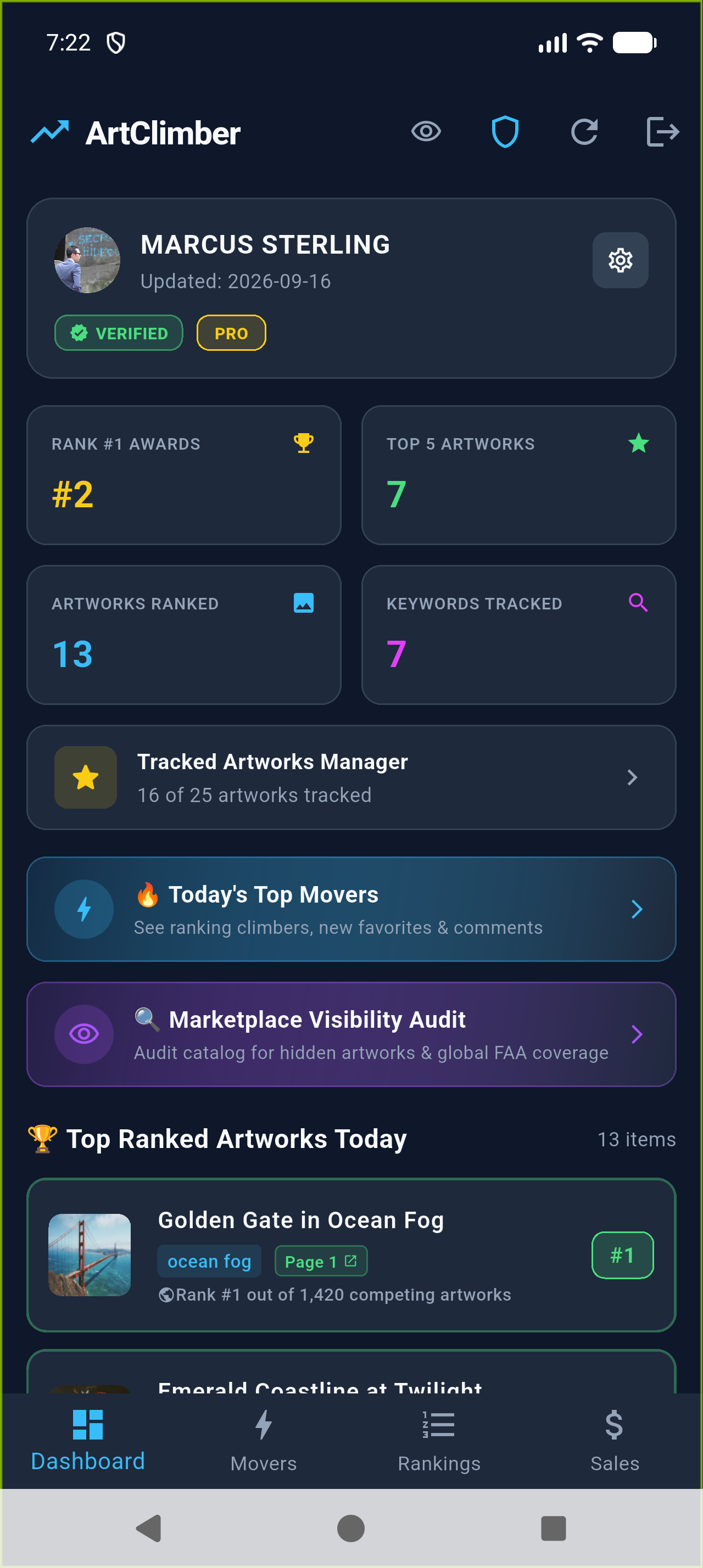 ArtClimber Android App Dashboard for Marcus Sterling showing Fine Art America rankings
